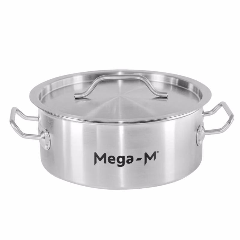 Garnek gastronomiczny niski ze stali nierdzewnej AISI 443 Mega-M Standard z pokrywką 5l 25×11 cm 1szt.