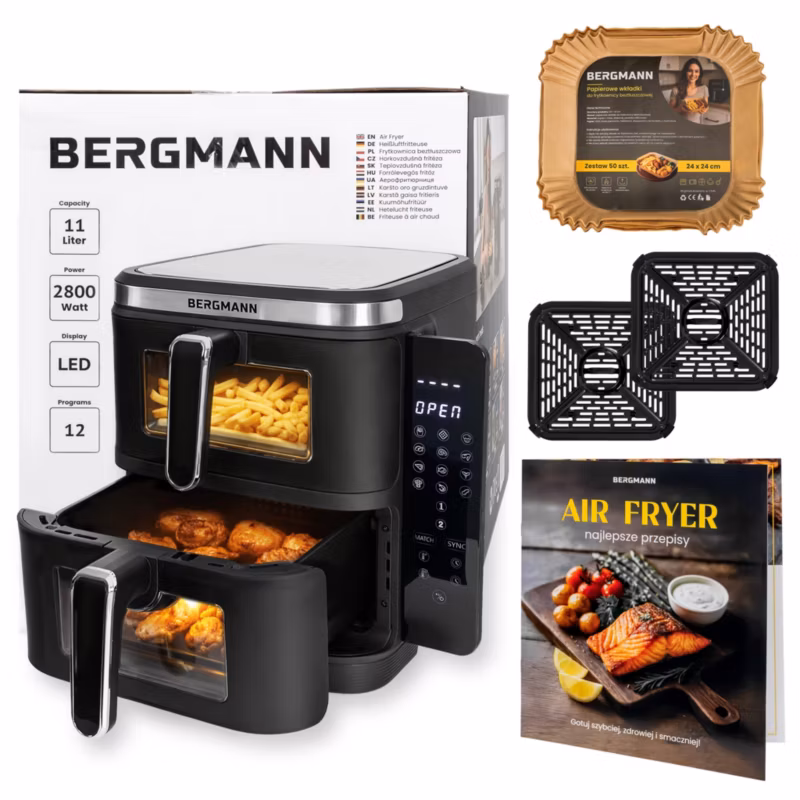 Frytkownica beztłuszczowa BERGMANN YI airfryer frytownica 2 komory pionowo 5,5l+5,5l 2800W w zestawie książka z przepisami 1szt.