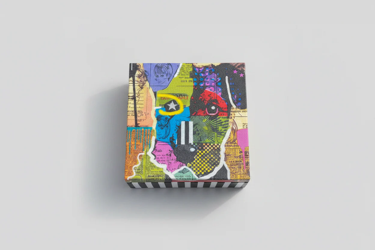 Drewniane pudełko pop-art – ręcznie zdobione, kolorowe, nowoczesna dekoracja i prezent