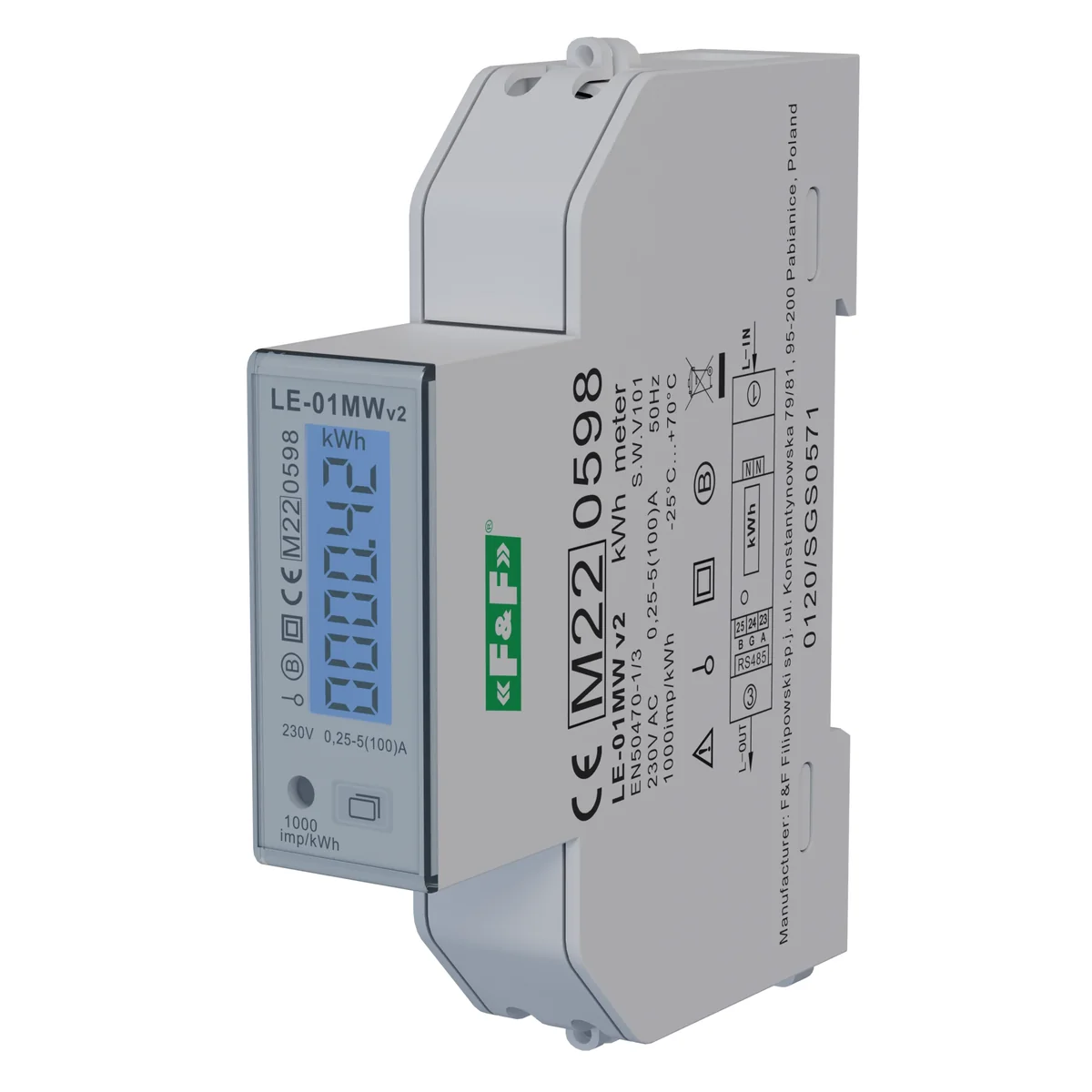 Jednofazowy licznik zużycia energii czynnej, biernej, Modbus RTU, wielotaryfowy LE-01MW