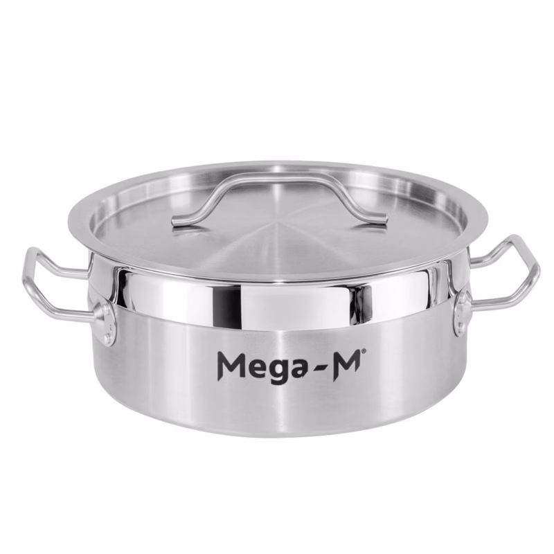 Garnek gastronomiczny niski ze stali nierdzewnej AISI 443 Mega-M PRO z pokrywką 5l 25×11 cm 1szt.