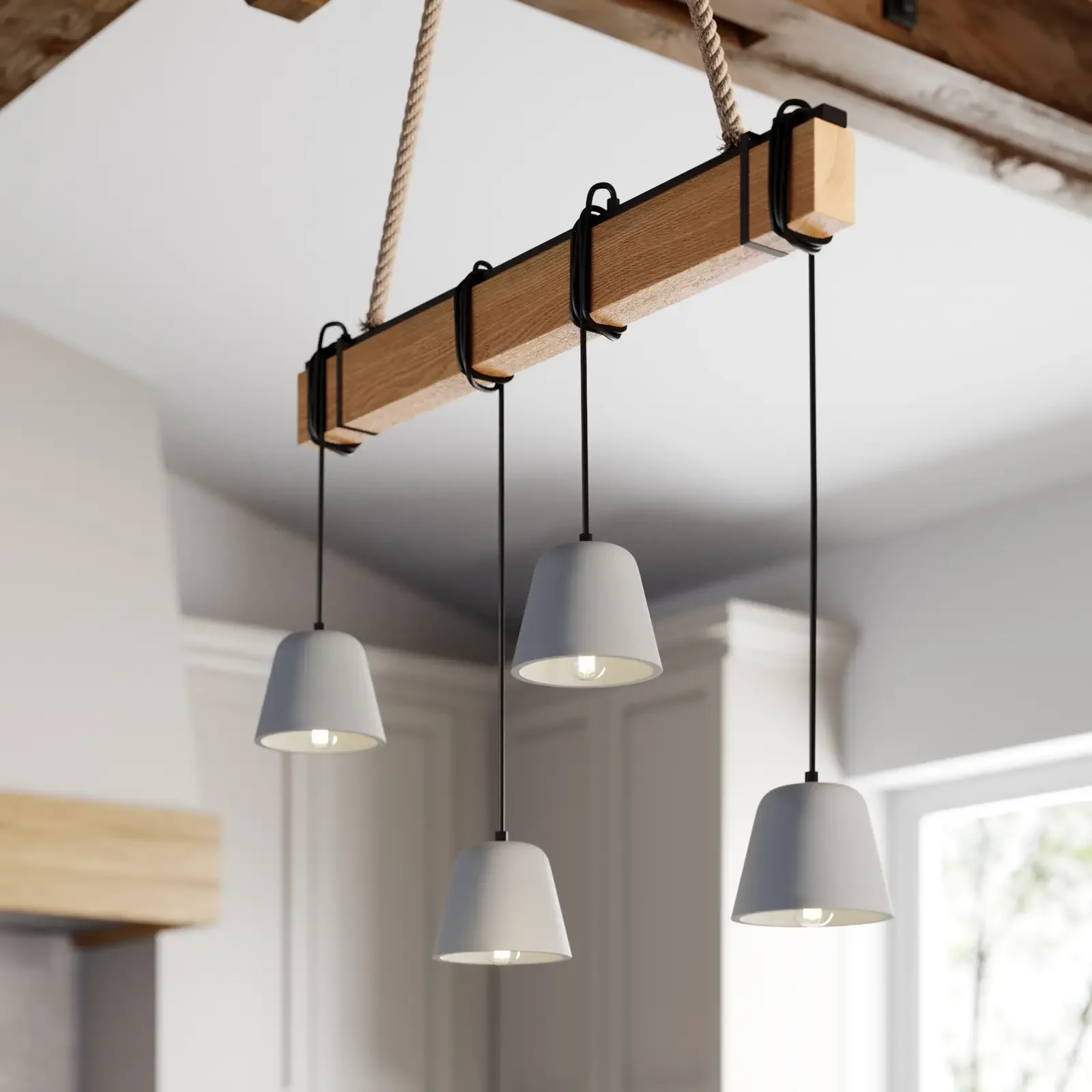 Drewniana lampa wisząca Lucande Hakona, 4 klosze betonowe