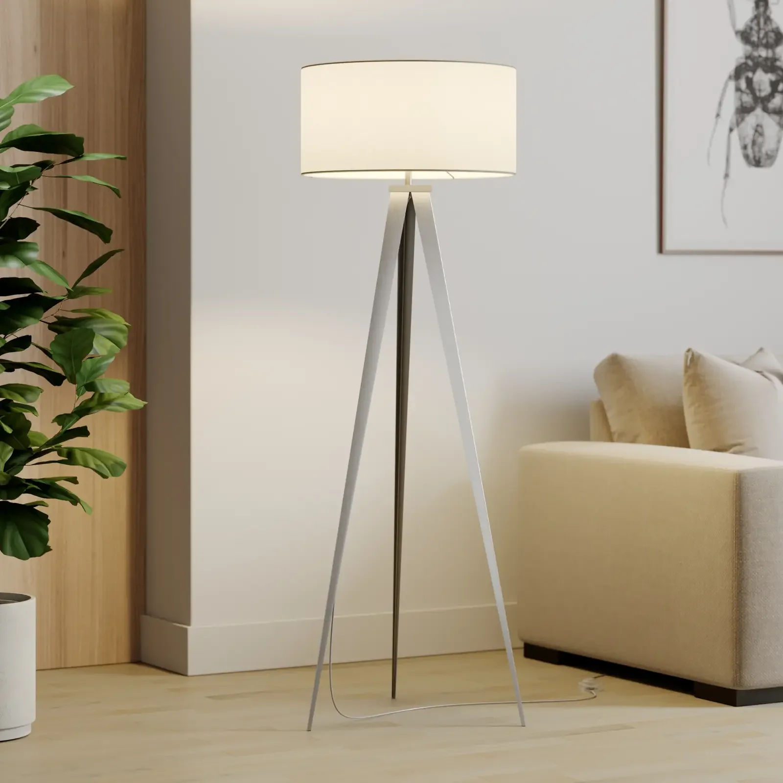 Lindby Benik lampa podłogowa na trójnogu, biała, nikiel