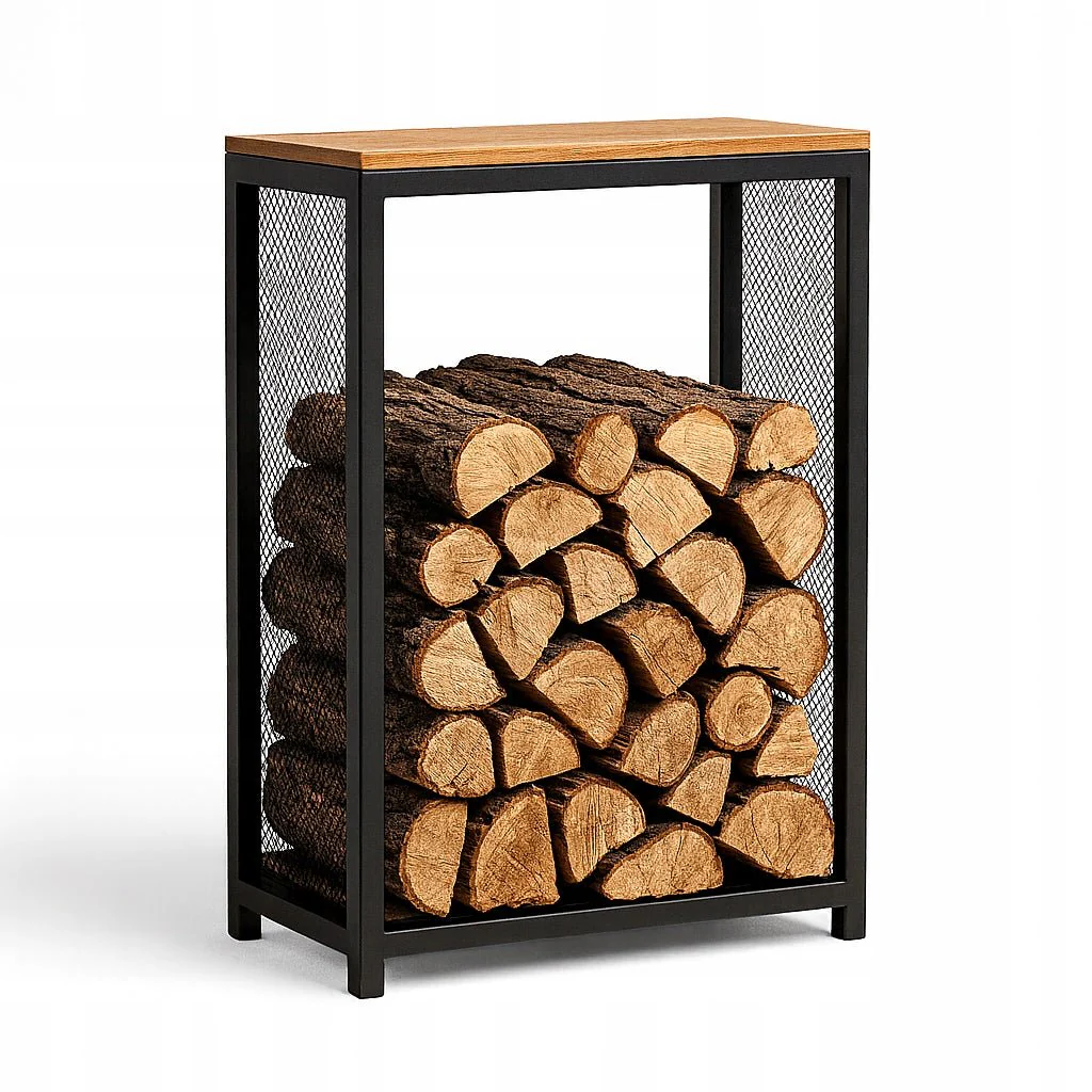 Stojak na drewno kominkowe loft z półką i siatką 100x60x30 cm