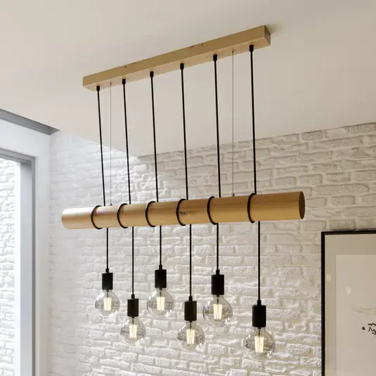 Drewniana lampa wisząca Eviton, sześciopunktowa, naturalna
