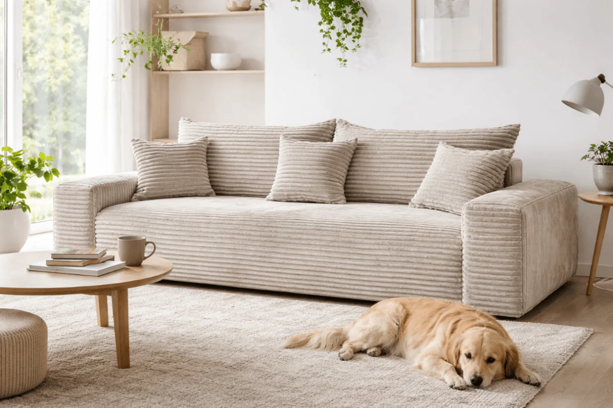 Sofa CORDO – rozkładana sofa z pojemnikiem, sofa z tkaniny sztruksowej 265 x 105 cm, beżowa 83