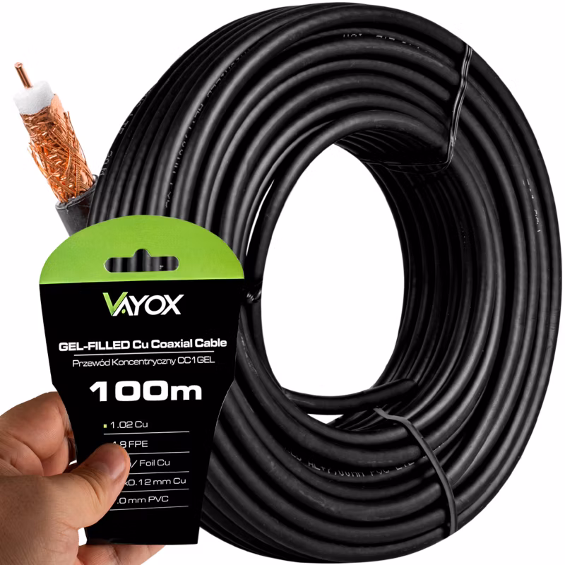 Kabel koncentryczny Vayox CC1-100GEL antenowy żelowany Cu 75 Ohm czarny 100m 1 szt.