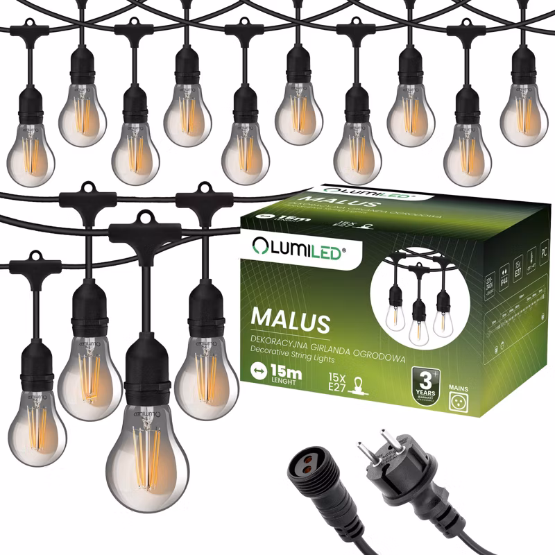 Girlanda Ogrodowa LED Lumiled Zewnętrzna Łańcuch Świetlny 15m + 15x E27 Żarówki Smokey 6W 2200K 1 kpl.