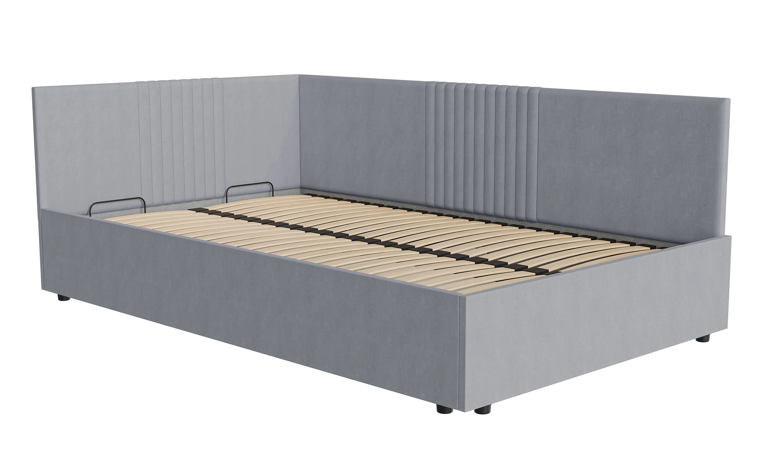 Łóżko młodzieżowe 120×200 cm Novede uniwersalne z pojemnikiem stelaż metalowy szare welur łatwoczyszczący