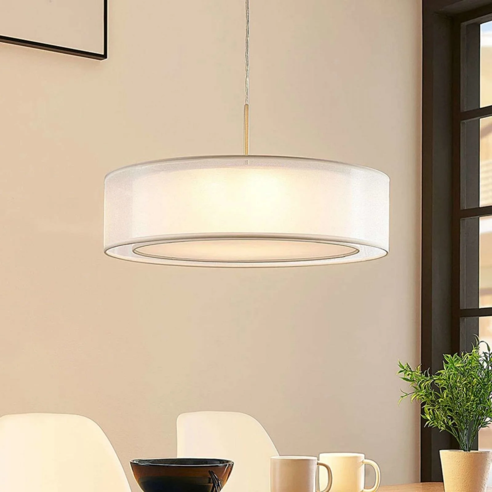 Lampa wisząca Amon z tkaniny z regulowanymi diodami LED, biała