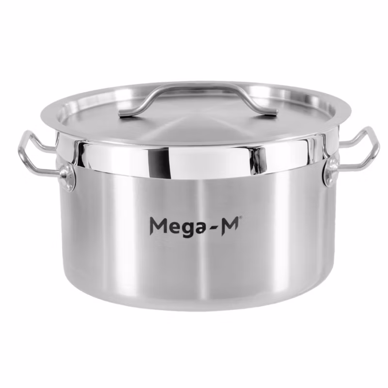 Garnek gastronomiczny niski ze stali nierdzewnej AISI 443 Mega-M PRO z pokrywką 12l 30×18 cm 1szt.