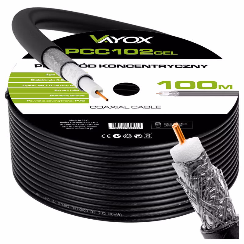 Kabel koncentryczny Vayox PCC102GEL-100 antenowy żelowany Cu 75 Ohm czarny 100m 1 szt.