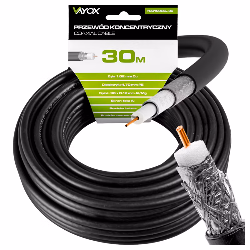 Kabel koncentryczny Vayox PCC102GEL-30 antenowy żelowany Cu 75 Ohm czarny 30m 1 szt.