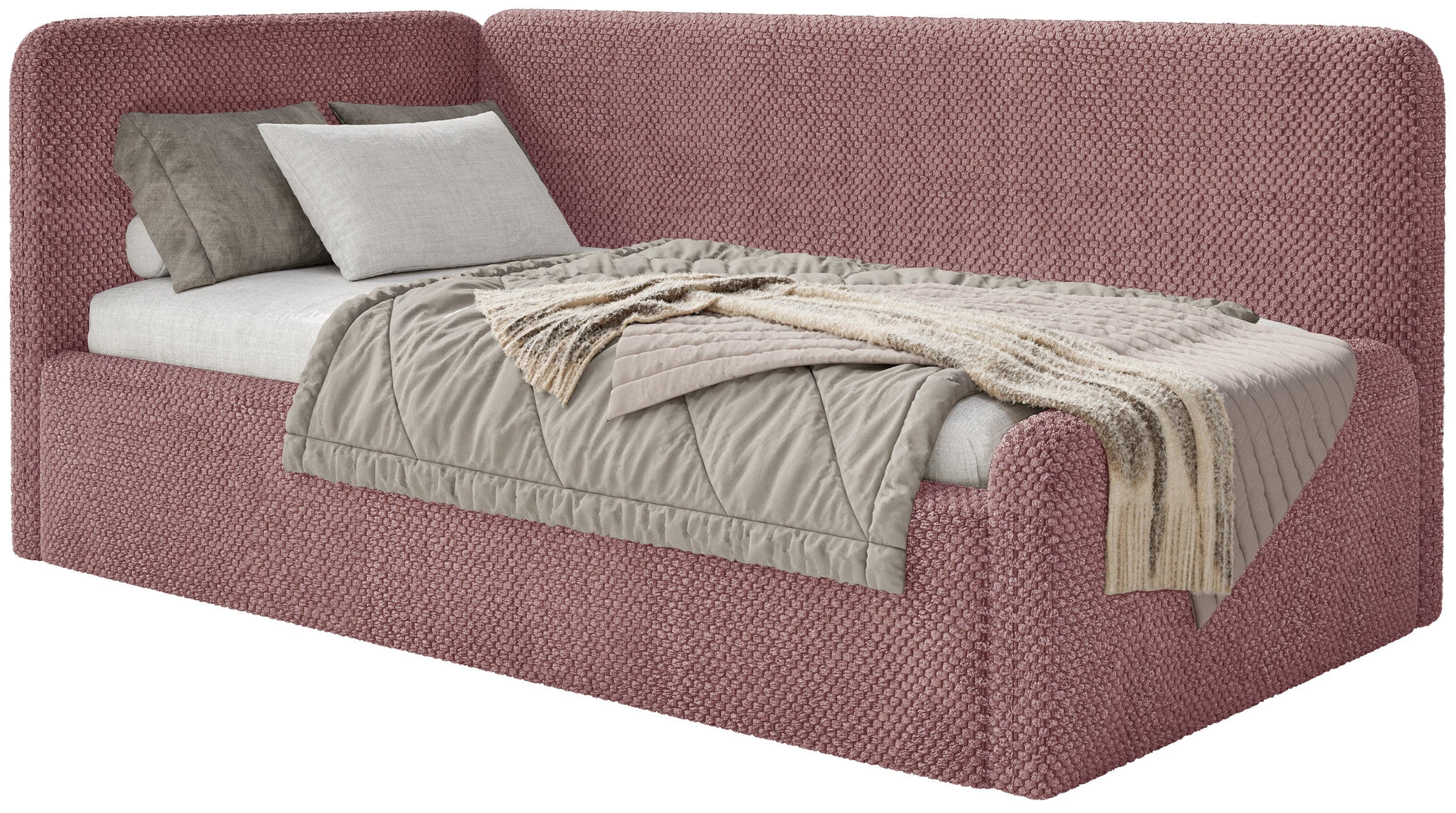 Łóżko młodzieżowe 120×200 cm Fanklo lewostronne z pojemnikiem różowe plusz hydrofobowy
